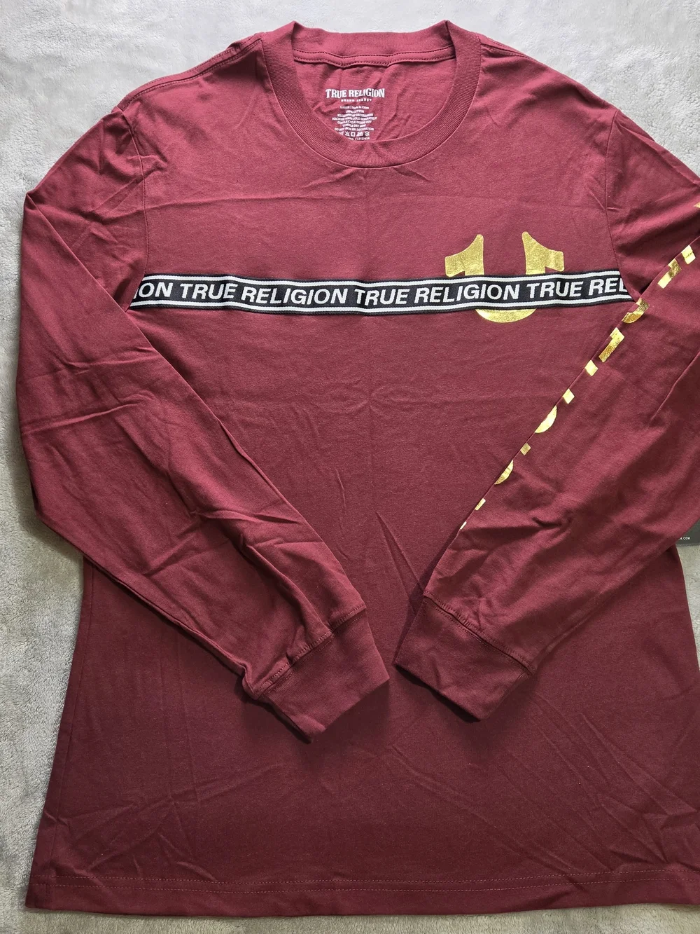 NWT True Religion Foil Taping Long Sleeve Tee Men L Burgundy Gold Logo